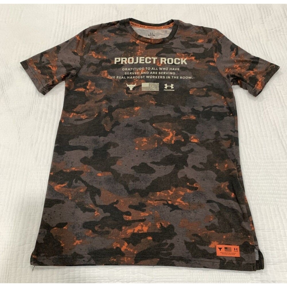 Under Armour Project Rock Shirt Men's S Orange Camo Loose Fit Gym
